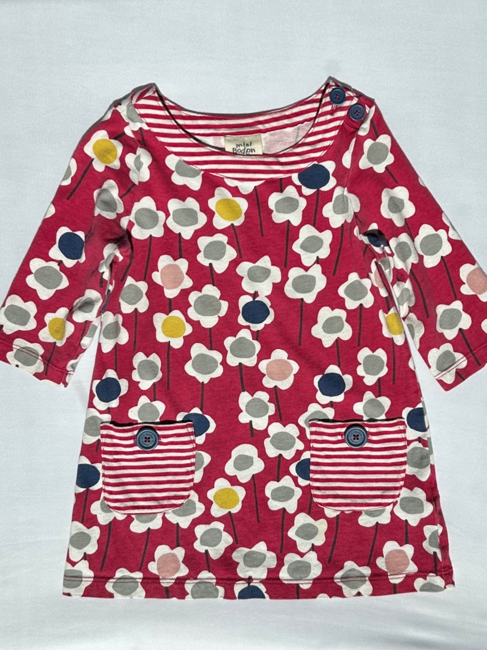 Mini Boden Girls Floral Stripe Dress Size 4-5Y Red Pink Pocket Tunic
